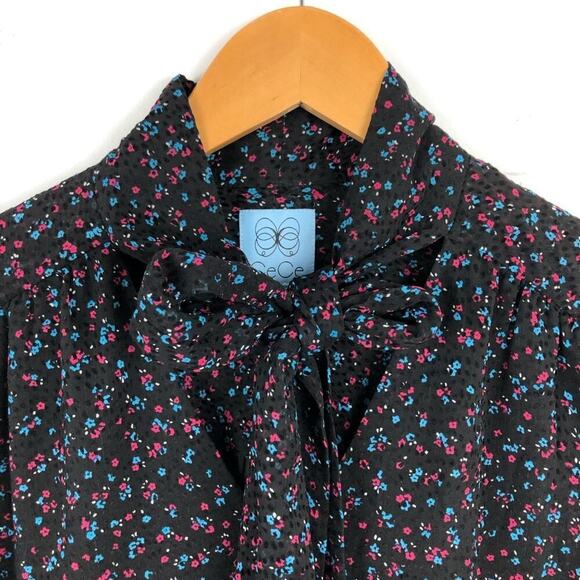 CeCe Long Sleeve Black Dress Wisttful Blooms Size 4 Retro Ditzy-floral Tie Neck - Picture 9 of 16